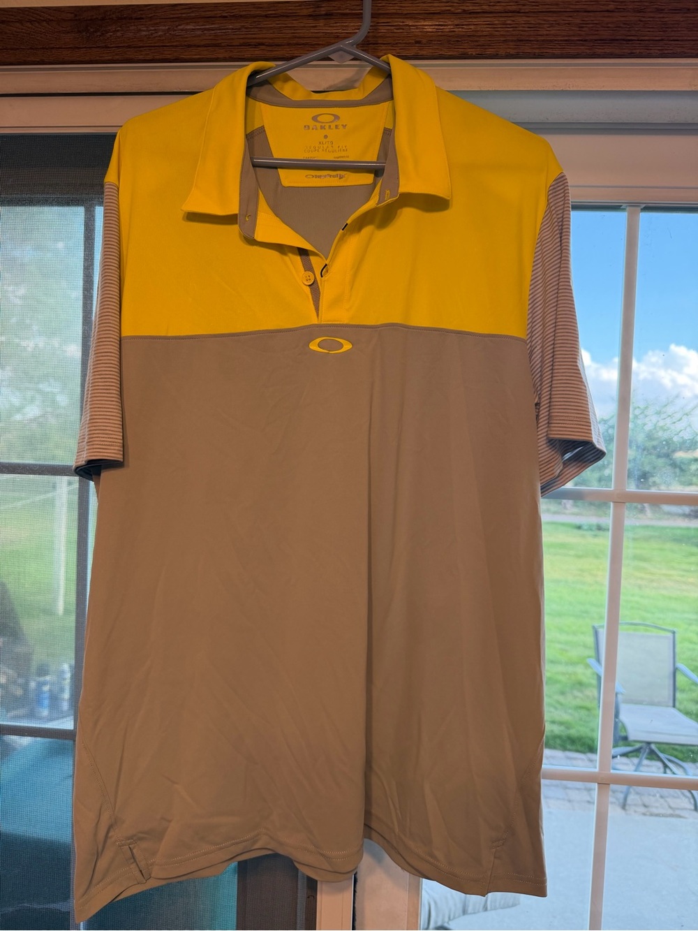 Oakley Men’s Yellow and Taupe Two-Tone Polo. Bin 76.